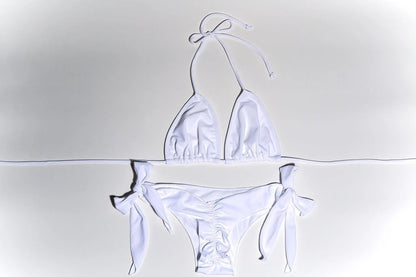 White Amphitryon two-piece bikini set, swimwear in solid white with ruffle detailing.