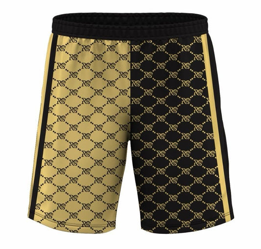 Stylish men's patterned shorts with a combination of yellow and black tones. The shorts feature an intricate lattice-like design across the fabric, creating a visually appealing and fashionable piece of clothing.