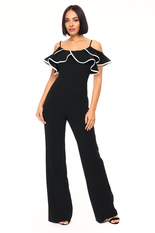 Stylish color block ruffle-trimmed black jumpsuit with off-the-shoulder design and wide-leg silhouette.