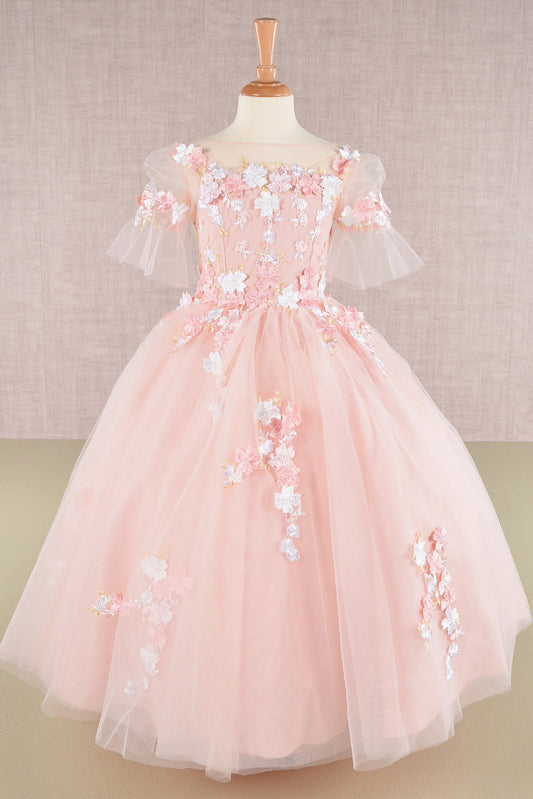 3D Floral Applique Mesh with Long Back Hem Quinceanera Kids Dress GLGK107