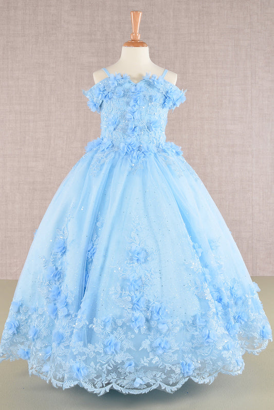 3D Floral Applique Embellished Glitter Embroidery Mesh Quinceanera Kids Dress GLGK110