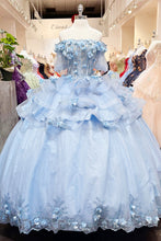 Load image into Gallery viewer, 3D Flower Applique Sheer Bodice w/ Ruffle Skirt Off Shoulder Long Quinceanera Dress