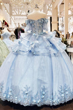 Load image into Gallery viewer, 3D Flower Applique Sheer Bodice w/ Ruffle Skirt Off Shoulder Long Quinceanera Dress