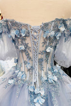 Load image into Gallery viewer, 3D Flower Applique Sheer Bodice w/ Ruffle Skirt Off Shoulder Long Quinceanera Dress