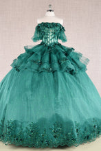 Load image into Gallery viewer, 3D Flower Applique Sheer Bodice w/ Ruffle Skirt Off Shoulder Long Quinceanera Dress