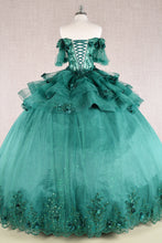 Load image into Gallery viewer, 3D Flower Applique Sheer Bodice w/ Ruffle Skirt Off Shoulder Long Quinceanera Dress