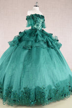 Load image into Gallery viewer, 3D Flower Applique Sheer Bodice w/ Ruffle Skirt Off Shoulder Long Quinceanera Dress