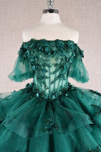 Load image into Gallery viewer, 3D Flower Applique Sheer Bodice w/ Ruffle Skirt Off Shoulder Long Quinceanera Dress