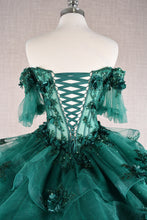 Load image into Gallery viewer, 3D Flower Applique Sheer Bodice w/ Ruffle Skirt Off Shoulder Long Quinceanera Dress