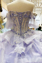 Load image into Gallery viewer, 3D Flower Applique Sheer Bodice w/ Ruffle Skirt Off Shoulder Long Quinceanera Dress