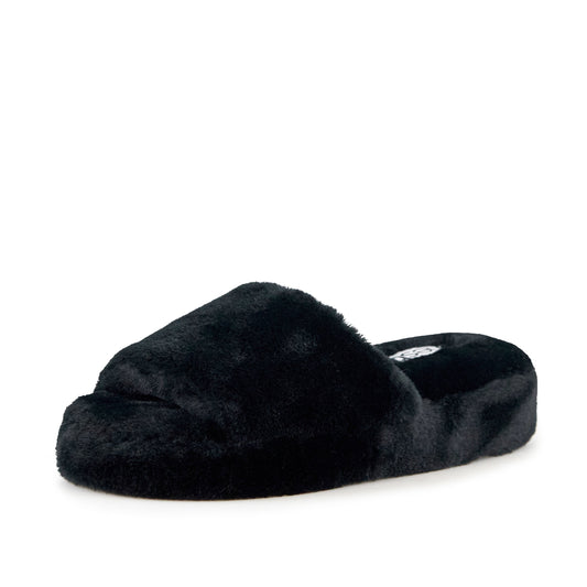 Cozy Black Faux Fur Slippers - Comfortable, plush footwear for indoor wear.