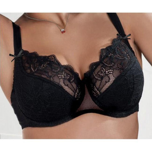 Elegant semi-sheer lace-trimmed black lingerie bra featuring delicate lace detailing and a subtle shimmering accent.