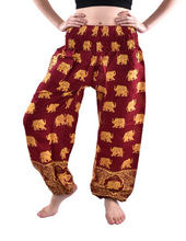 Load image into Gallery viewer, Bohotusk Maroon Royal Elephant Print Elasticated Smocked Waist Womens