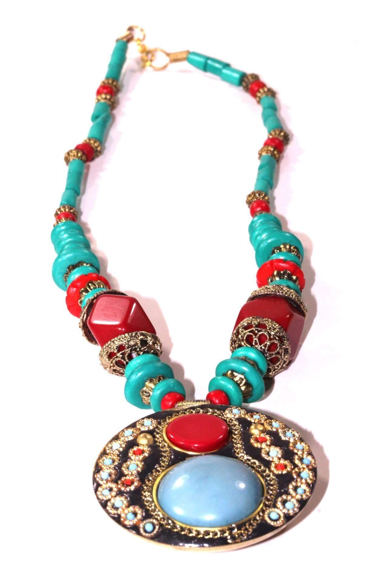 Turquoise & Red Coral Medallion Necklace Necklaces LoveAdora