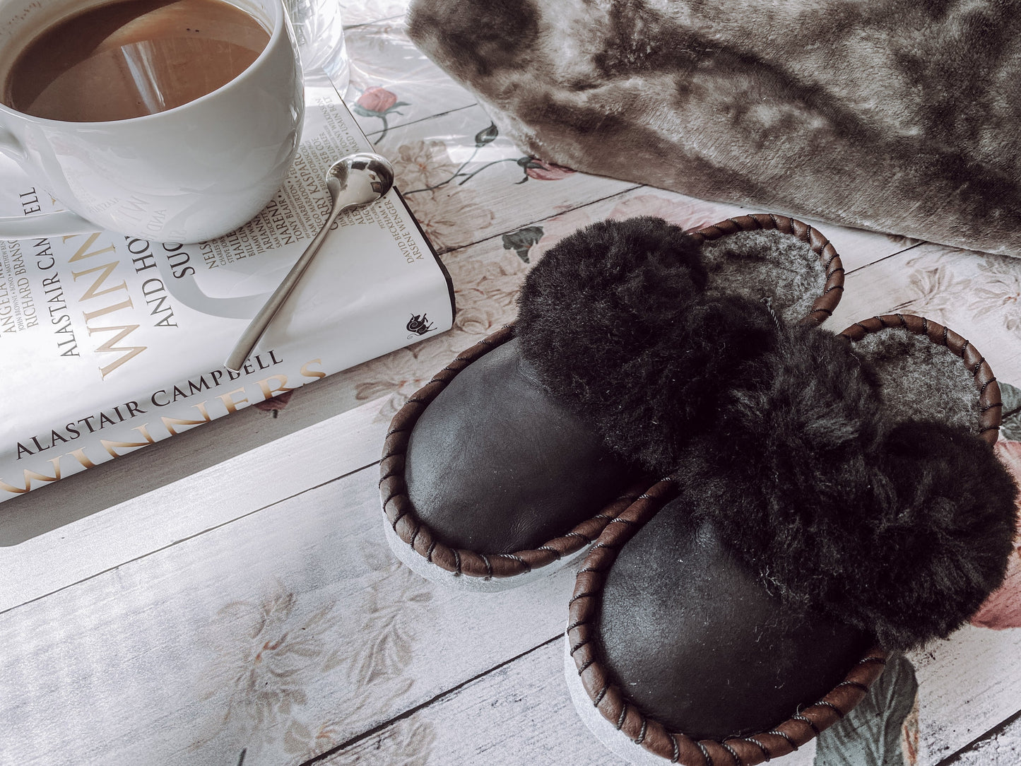 Cozy Onyx Black Slip-On Slippers with Plush Faux Fur Trim