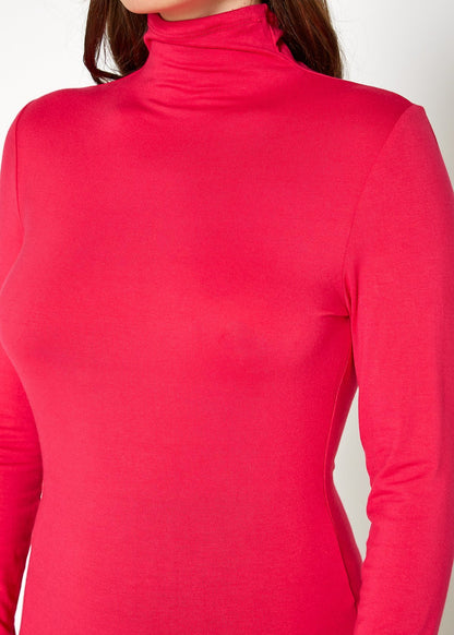 Sleek, vibrant red turtleneck top with long sleeves, showcasing a fitted, form-flattering silhouette.