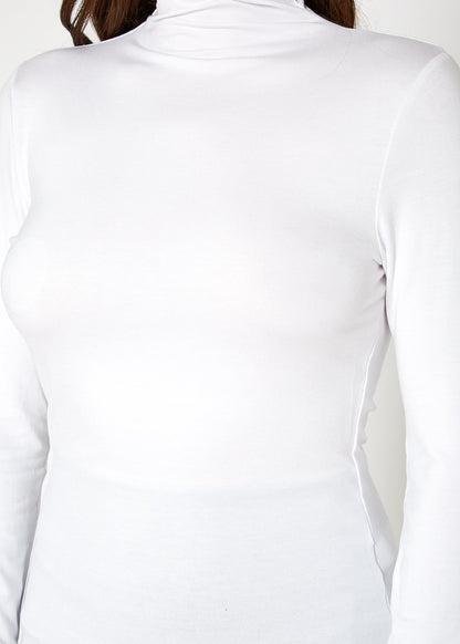 Women's white fitted turtleneck top by Lemon Hera with long sleeves and a classic collar.