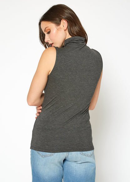 Sleek grey women's turtleneck top with a fitted silhouette, showcased against a plain background.