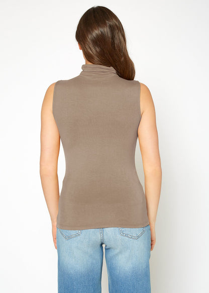 Women's sleeveless taupe turtle neck fitted top from Lemon Hera brand.