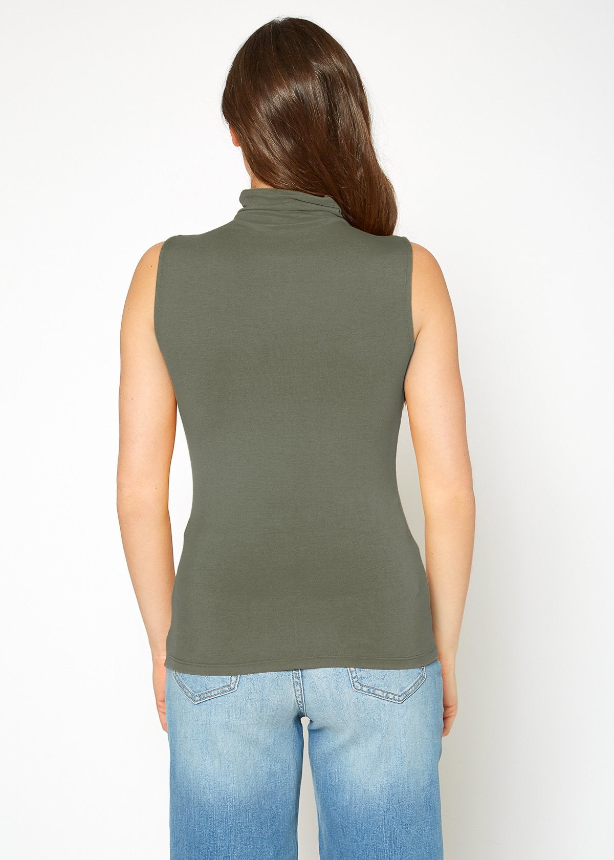 Sleeveless turtle neck fitted top in olive green by Lemon Hera fashion brand