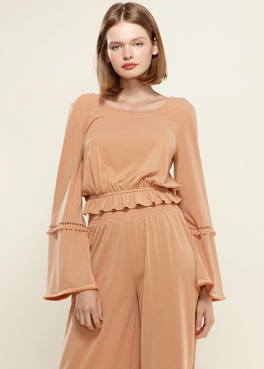 Women's Fringe Cuff Bell Sleeve Top in Apricot