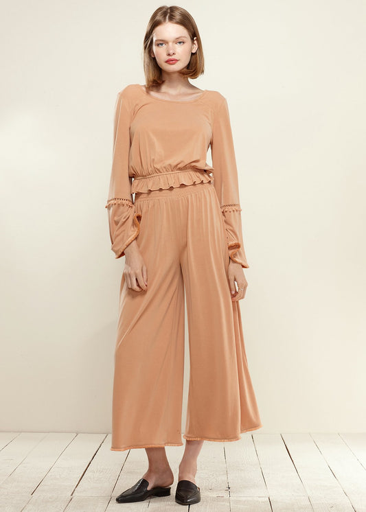 Smocked Waist Wide Leg Palazzo Pants in Apricot