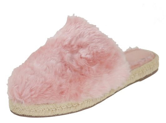 Cozy pink fluffy closed-toe slippers with espadrille-style soles, ideal for comfortable indoor wear.