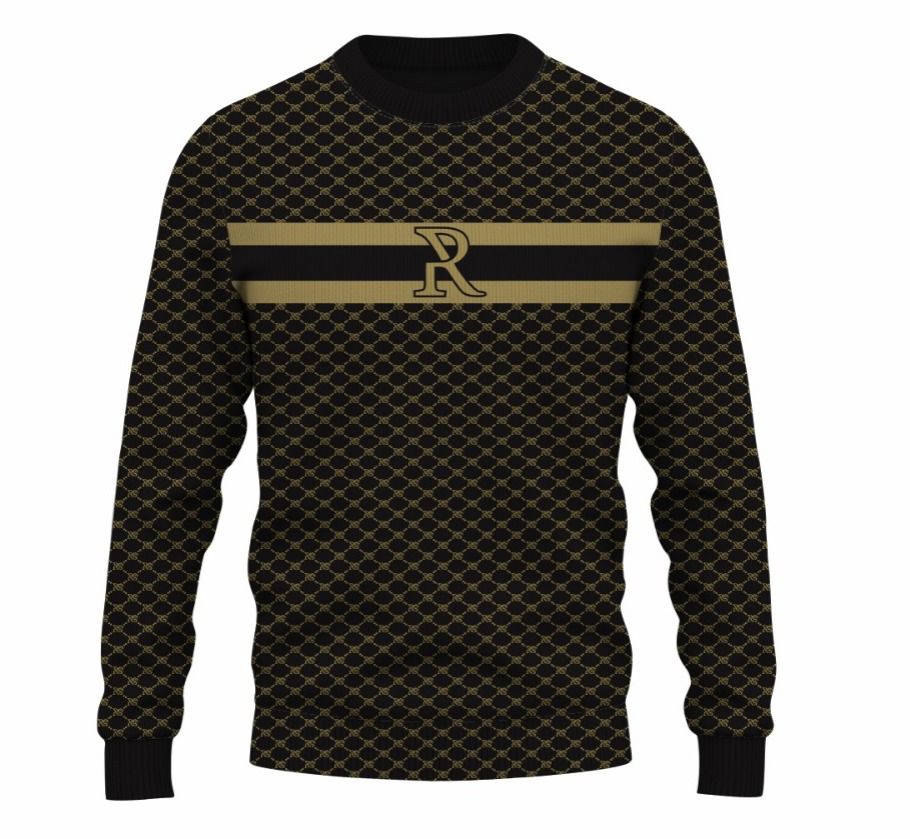 Stylish Men's Sweater with Geometric Pattern
This image shows a black and gold patterned sweater designed by the brand White Amphitryon. The sweater features a geometric diamond pattern and an embroidered 'R' logo, creating a sophisticated and fashionable look for the modern man.