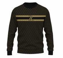 Load image into Gallery viewer, Stylish Men&#39;s Sweater with Geometric Pattern
This image shows a black and gold patterned sweater designed by the brand White Amphitryon. The sweater features a geometric diamond pattern and an embroidered &#39;R&#39; logo, creating a sophisticated and fashionable look for the modern man.