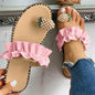 Pineapple pearl embellished casual women's slippers with ruffled details