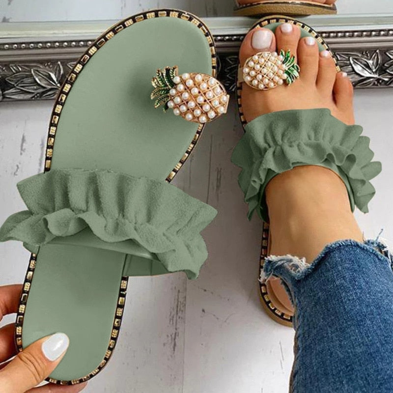 Pineapple Pearl Beach Slides: Casual Flat Toe Womens Slippers with Chic Beaded and Ruffle Detailing