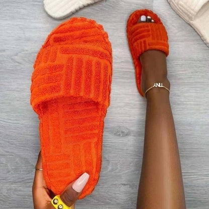 Thick Bottom Embossed Cotton Fur Women Slippers in vibrant orange color