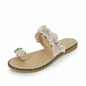 Pineapple-embellished beach sandals with ruffle strap and pearl accents