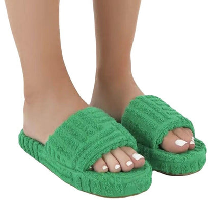 Cozy Green Cotton Embossed Fur Slip-On Women's Slippers