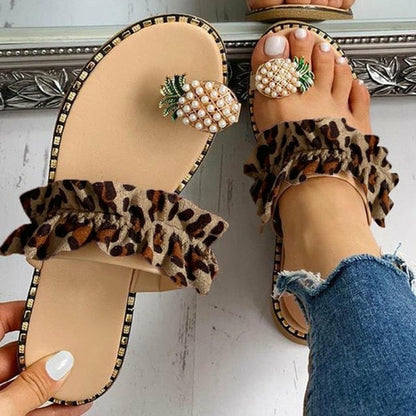 Pineapple Pearl Beach Slides Flat Toe Casual Womens Slippers with Leopard Print Trim