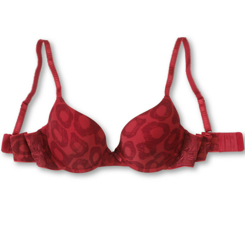 Leopard-print red molded plunge bra from Lime Lucy, featuring adjustable straps and a trendy animal-inspired pattern.