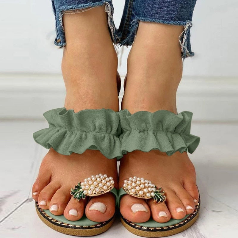 Pineapple Pearl Beach Slides, Casual Womens Flats with Ruffle Trim