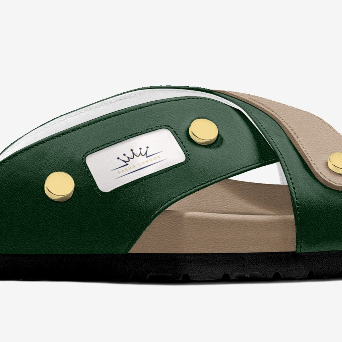 Elegant Sasha London sandal with stylish green leather straps, gold accents, and a sleek slide design.