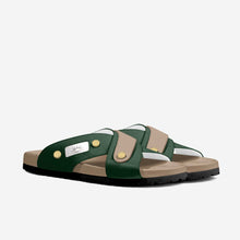 Load image into Gallery viewer, Comfortable green and beige slide sandals with adjustable straps and gold-tone accents from the Sasha London brand.