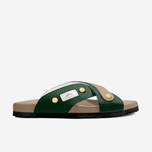 Load image into Gallery viewer, Leather slide sandals with contrasting green and beige straps and gold-tone hardware from Sasha London