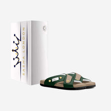 Load image into Gallery viewer, Comfortable leather sandals in a stylish green and brown color combination, showcased in front of a white background and packaging from the Sasha London brand.