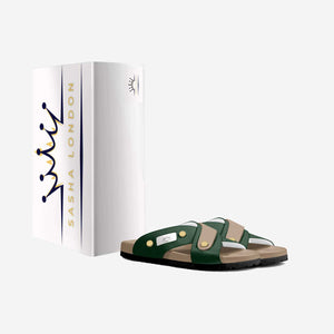 Comfortable leather sandals in a stylish green and brown color combination, showcased in front of a white background and packaging from the Sasha London brand.