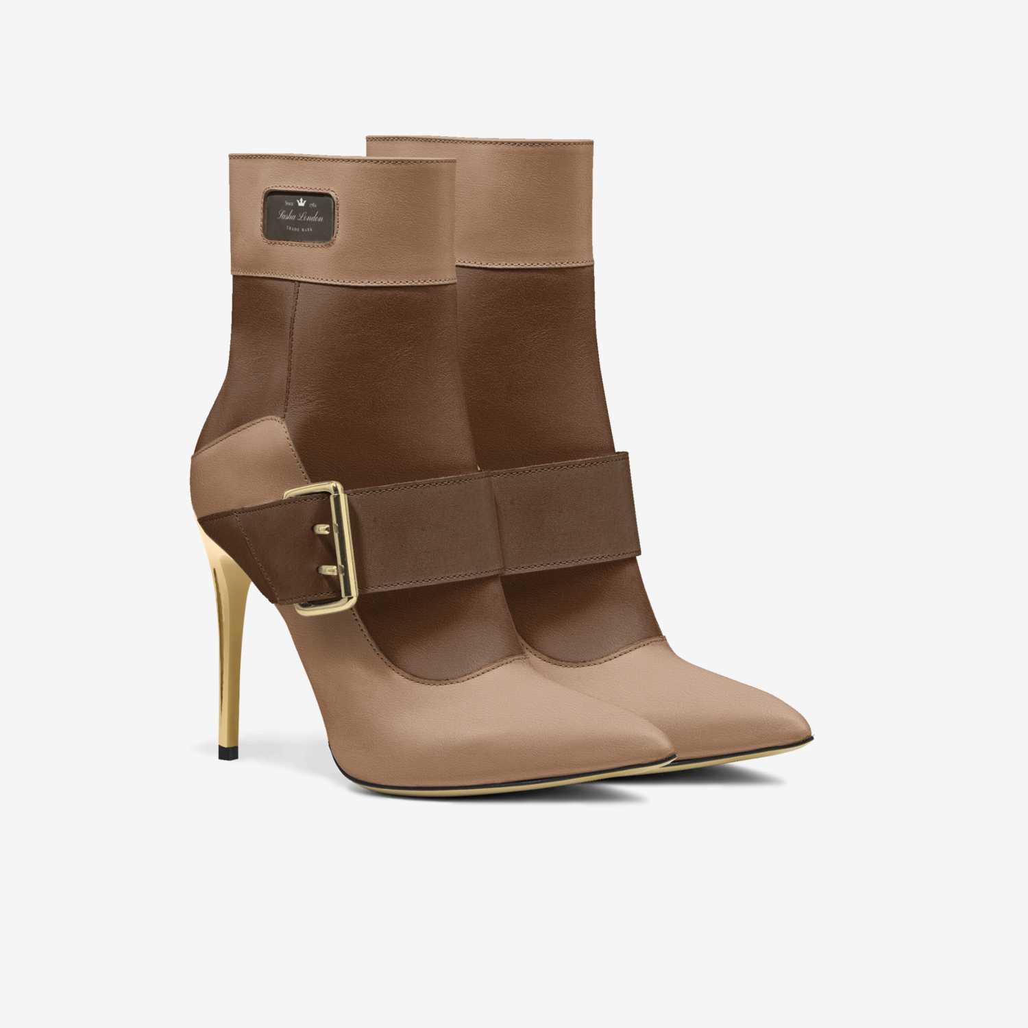 Stylish two-tone high heel boots from Sasha London featuring a neutral color palette and sleek buckle detail.