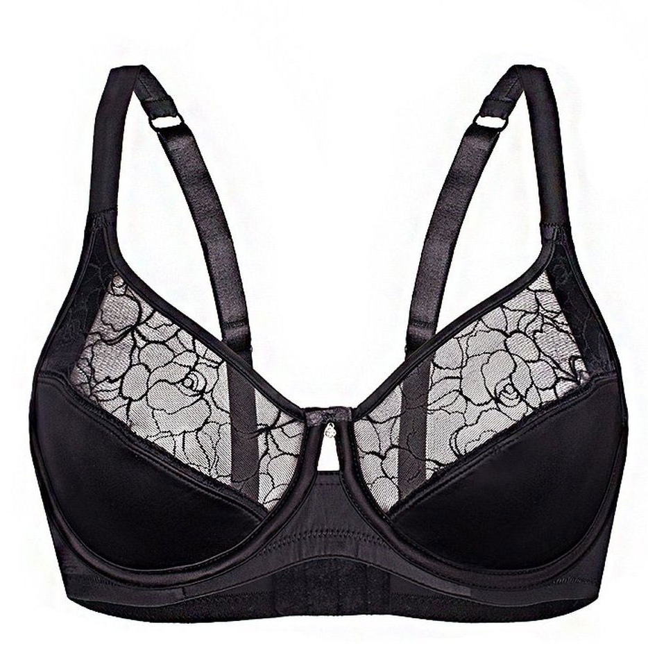 Elegant black satin and lace semi-sheer bra with adjustable straps, showcasing a stylish and feminine design.