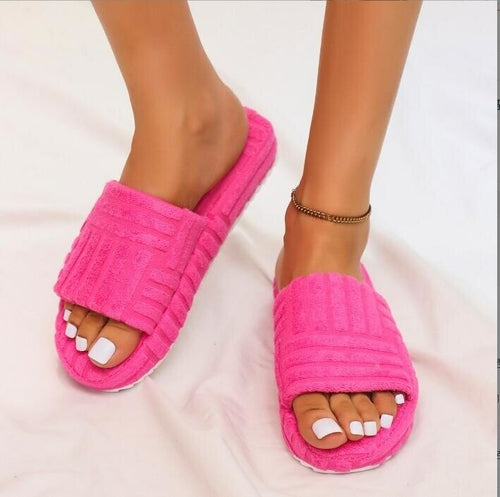 Thick Bottom Embossed Cotton Fur Women's Fuchsia Pink Slippers