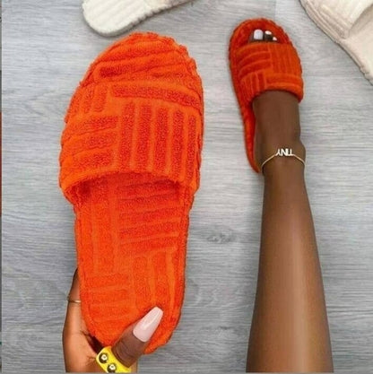 Thick Bottom Embossed Cotton Fur Women's Vibrant Orange Slippers