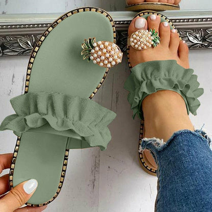 Pineapple pearl beach slides, casual womens flat toe slippers with ruffled straps and pearl embellishments