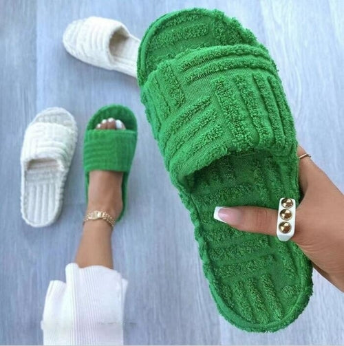 Thick Bottom Embossed Cotton Fur Women Slippers in Green