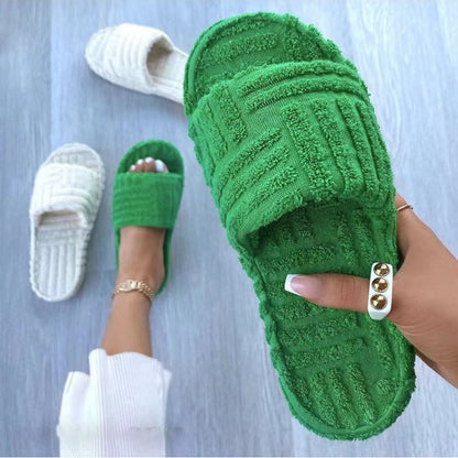 Thick Bottom Embossed Cotton Fur Green Women Slippers