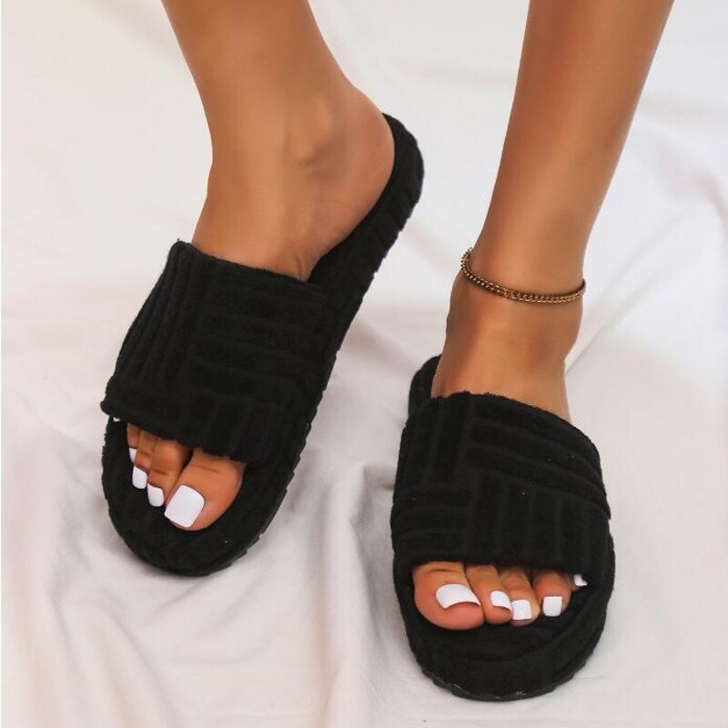 Cozy Black Plush Slip-On Slippers with Textured Sole